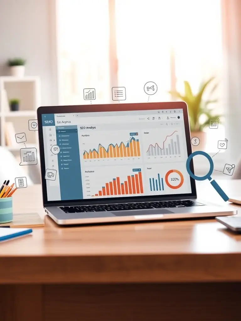 A professional photographer taking a picture of a laptop screen displaying a Google Analytics dashboard, showcasing organic traffic growth for a high-ticket service provider.