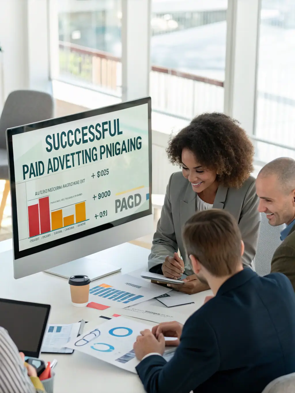 A professional office setting with a team collaborating on a Google Ads campaign strategy, showcasing data analysis and strategic planning.